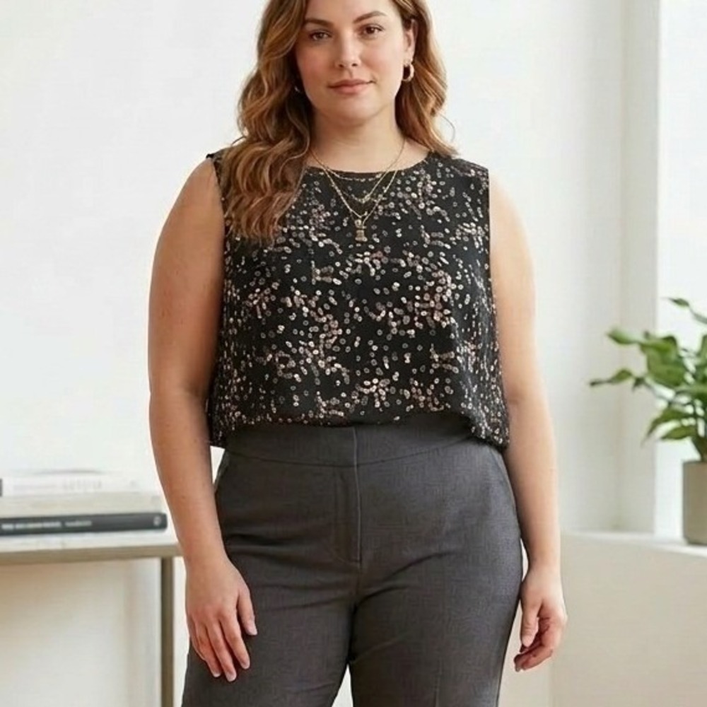 Vintage Silk Metallic Dot Texture Sleeveless Top Black Cropped Tank Plus Size 20